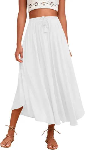 Womens Flowy Skirts Elastic High Waist A-Line Skirt Bohemia Casual Beach Long Skirts Summer Trendy Vacation Dress