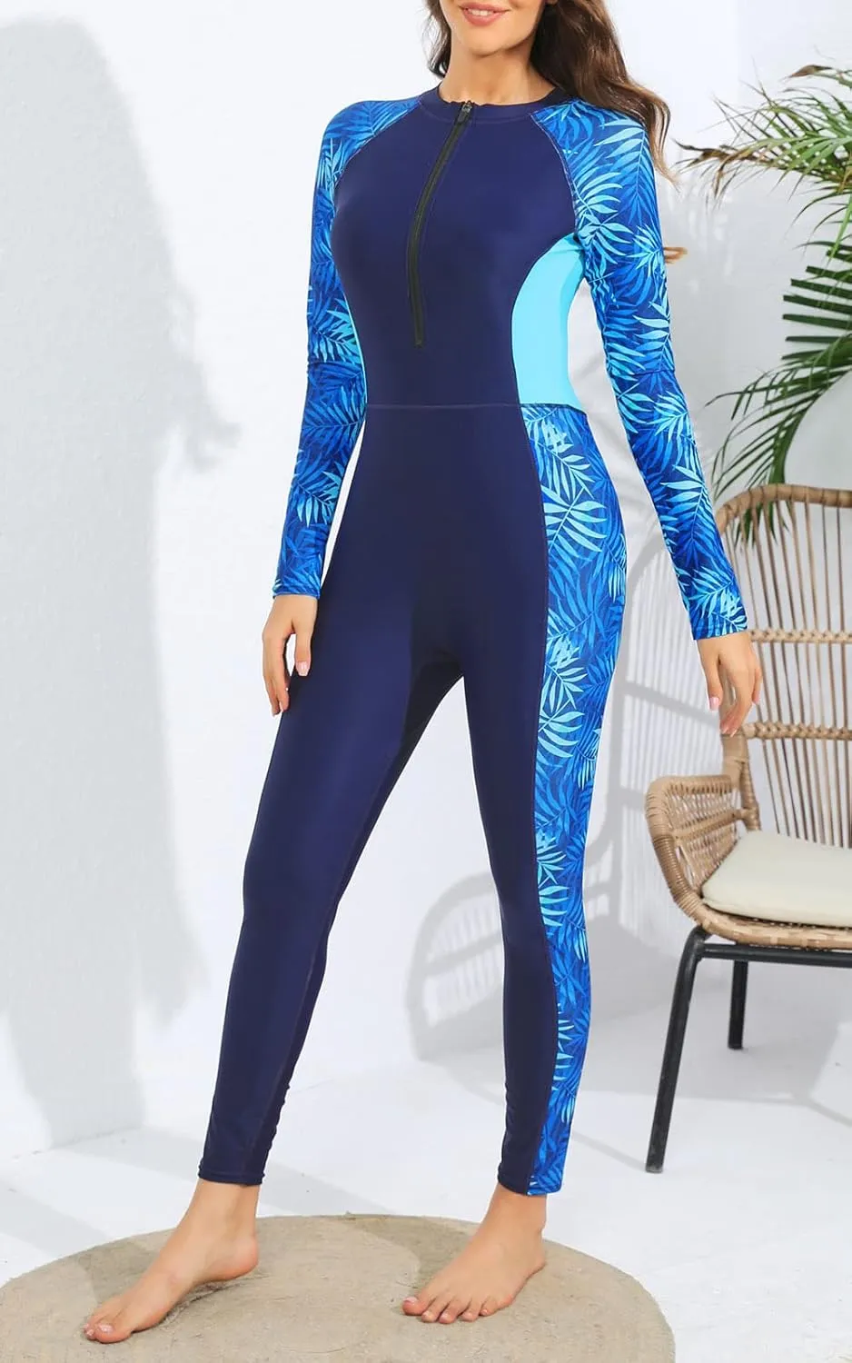 Womens Full Body Zip Front Rash Guard Long Sleeve One Piece Bathing Suit with Built in Bra UPF50  Surf Swimsuit