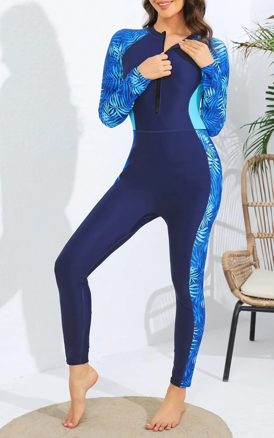Womens Full Body Zip Front Rash Guard Long Sleeve One Piece Bathing Suit with Built in Bra UPF50  Surf Swimsuit