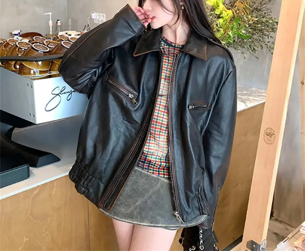 Womens Genuine Leather Moto Biker Jacket 100% Real Sheep Leather Jackets Black Fashion Bomber Jackets