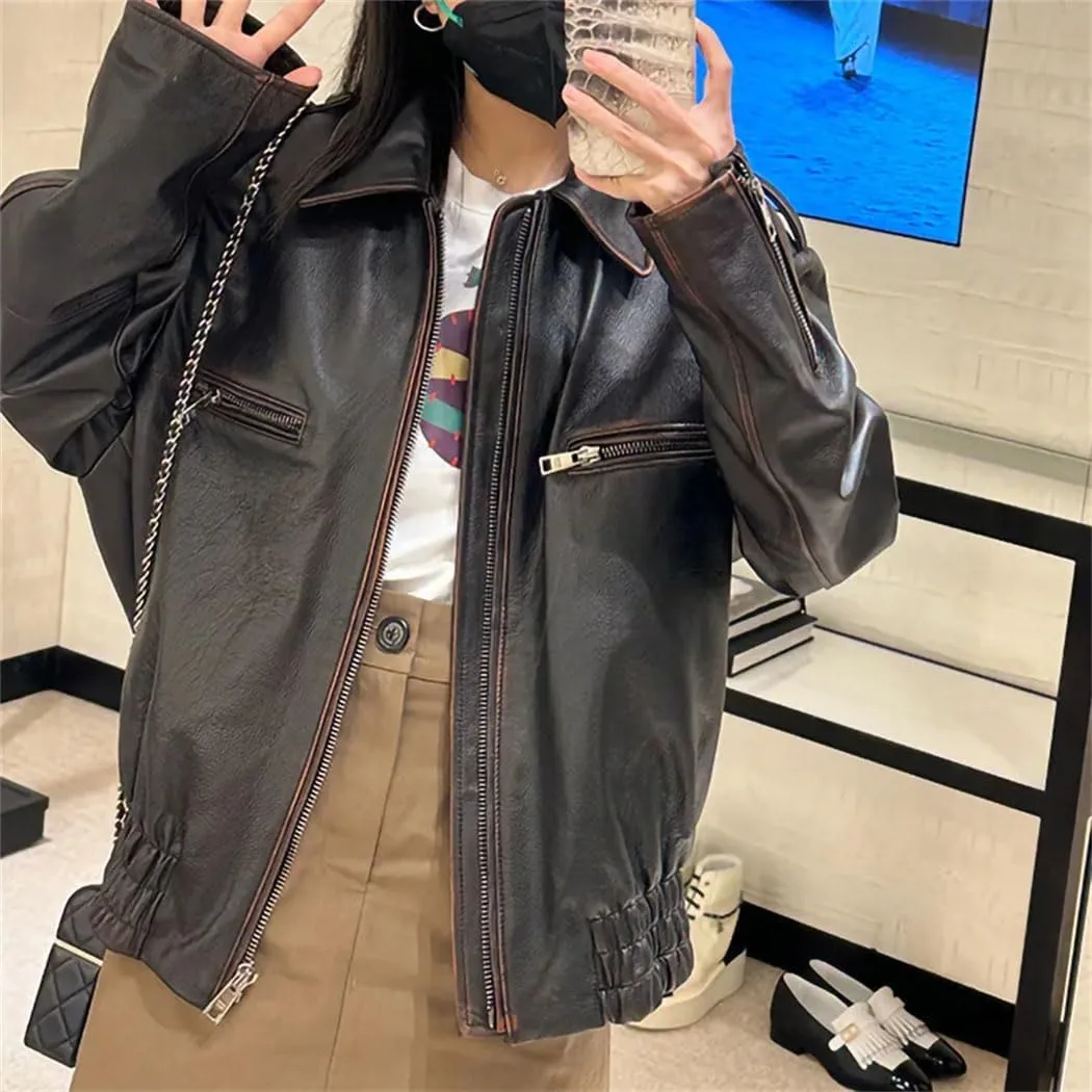 Womens Genuine Leather Moto Biker Jacket 100% Real Sheep Leather Jackets Black Fashion Bomber Jackets