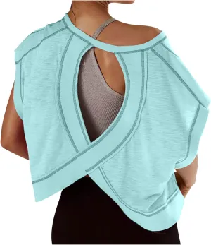 Womens Gym Yoga Tops Backless Casual Fashion Open Back Athletic Shirts Solid Color Running Crop Workout Tee Tops