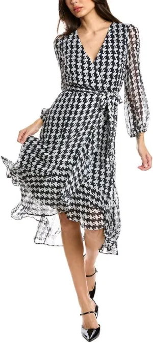 Women's Houndstooth Printed Faux Wrap Midi