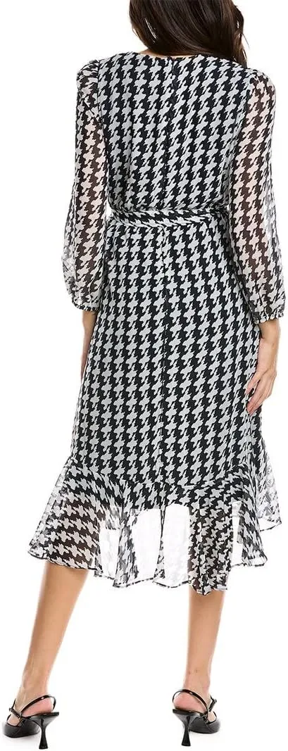 Women's Houndstooth Printed Faux Wrap Midi