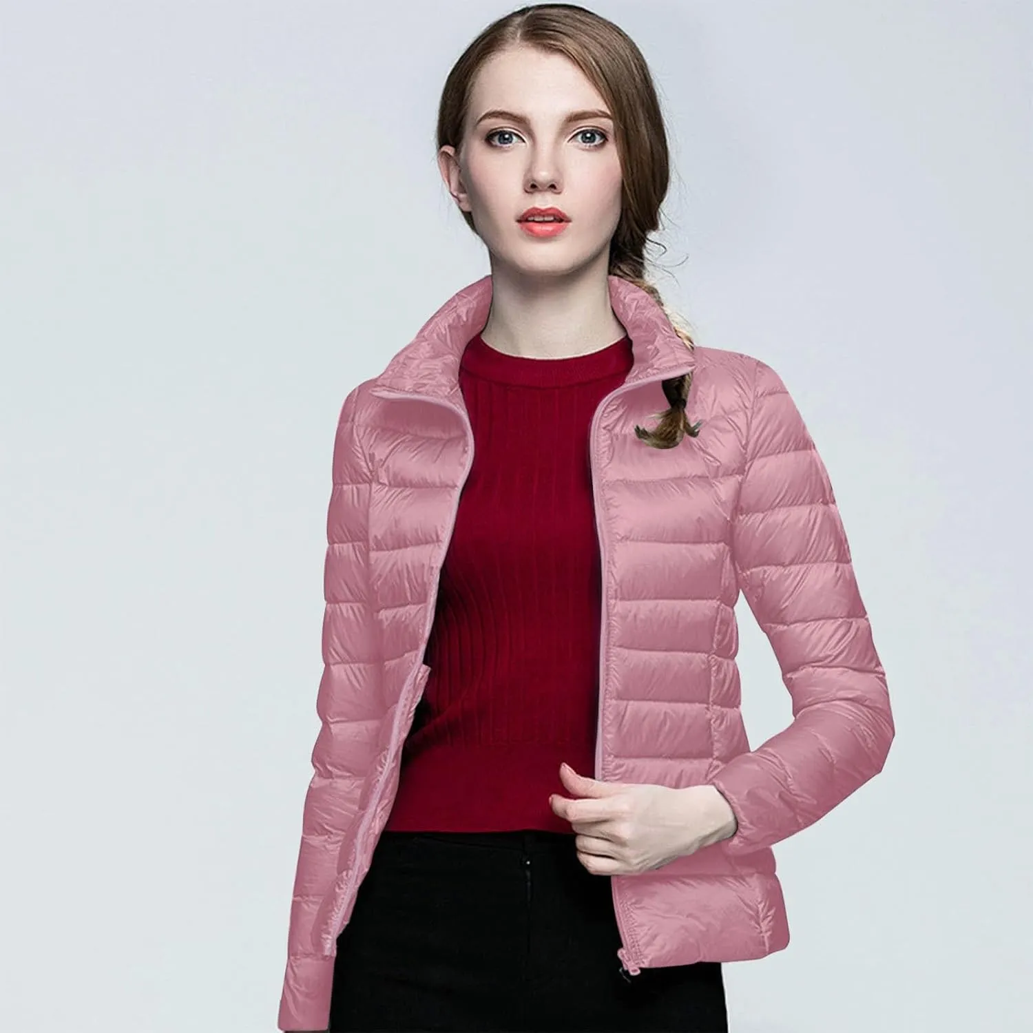 Womens Lightweight Puffer Jacket Winter Warm Windproof Hoodless Down Coat Slim Fit Cropped Zipper Long Sleeve Outwear