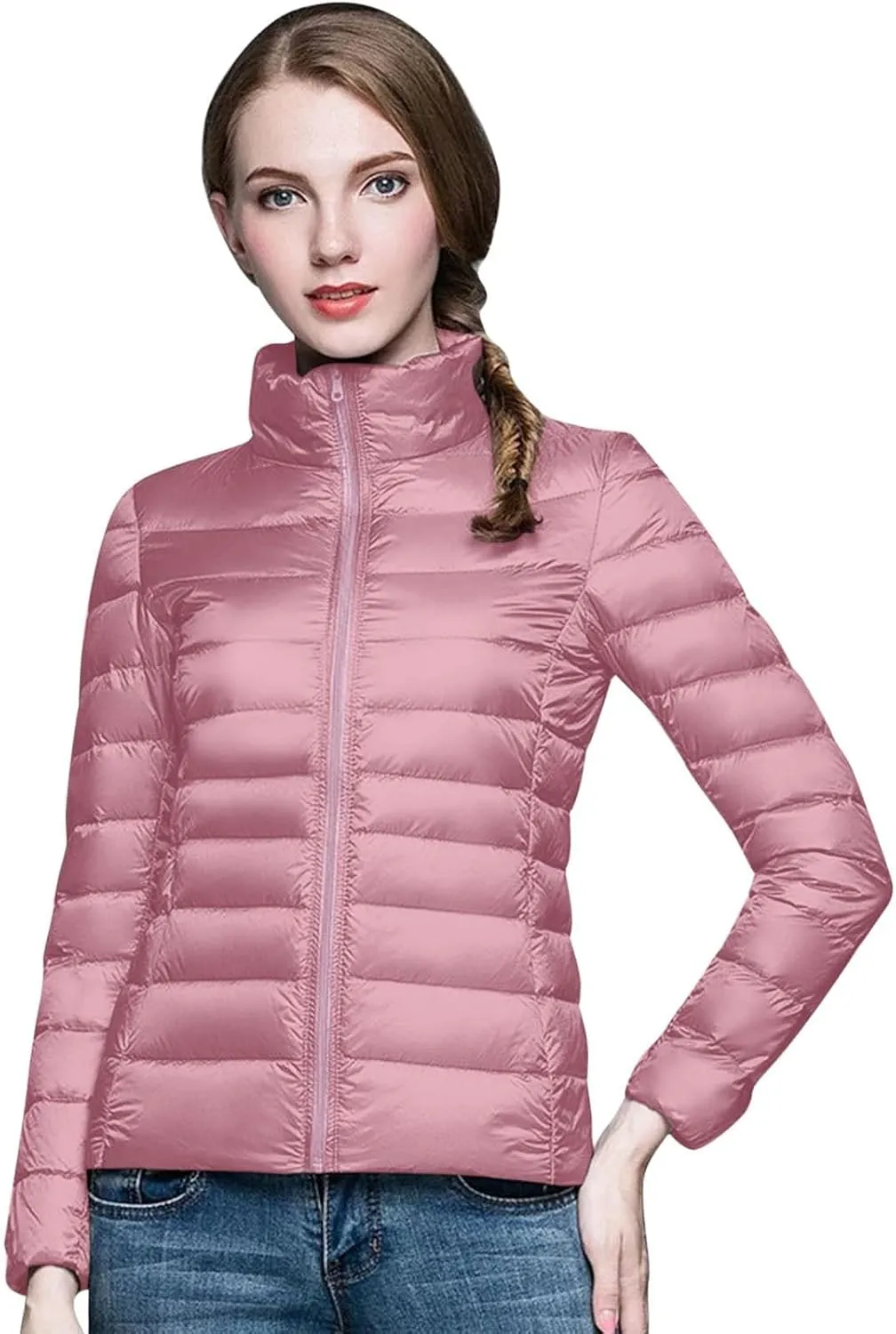 Womens Lightweight Puffer Jacket Winter Warm Windproof Hoodless Down Coat Slim Fit Cropped Zipper Long Sleeve Outwear