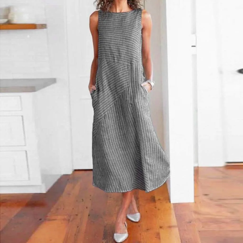 Women's Linen Dresses Summer Sleeveless Flowy Dresses Boho Sun Dress Maxi Dress Beach Long with Pockects