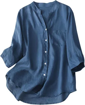 Womens Linen Long Sleeve Shirt Business Casual Tops for Summer Button Up Shirts Solid V Neck Shirts with Pocket