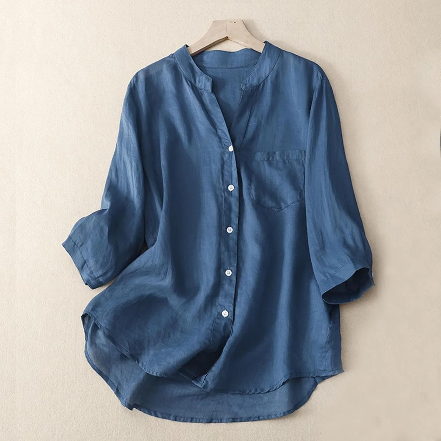 Womens Linen Long Sleeve Shirt Business Casual Tops for Summer Button Up Shirts Solid V Neck Shirts with Pocket