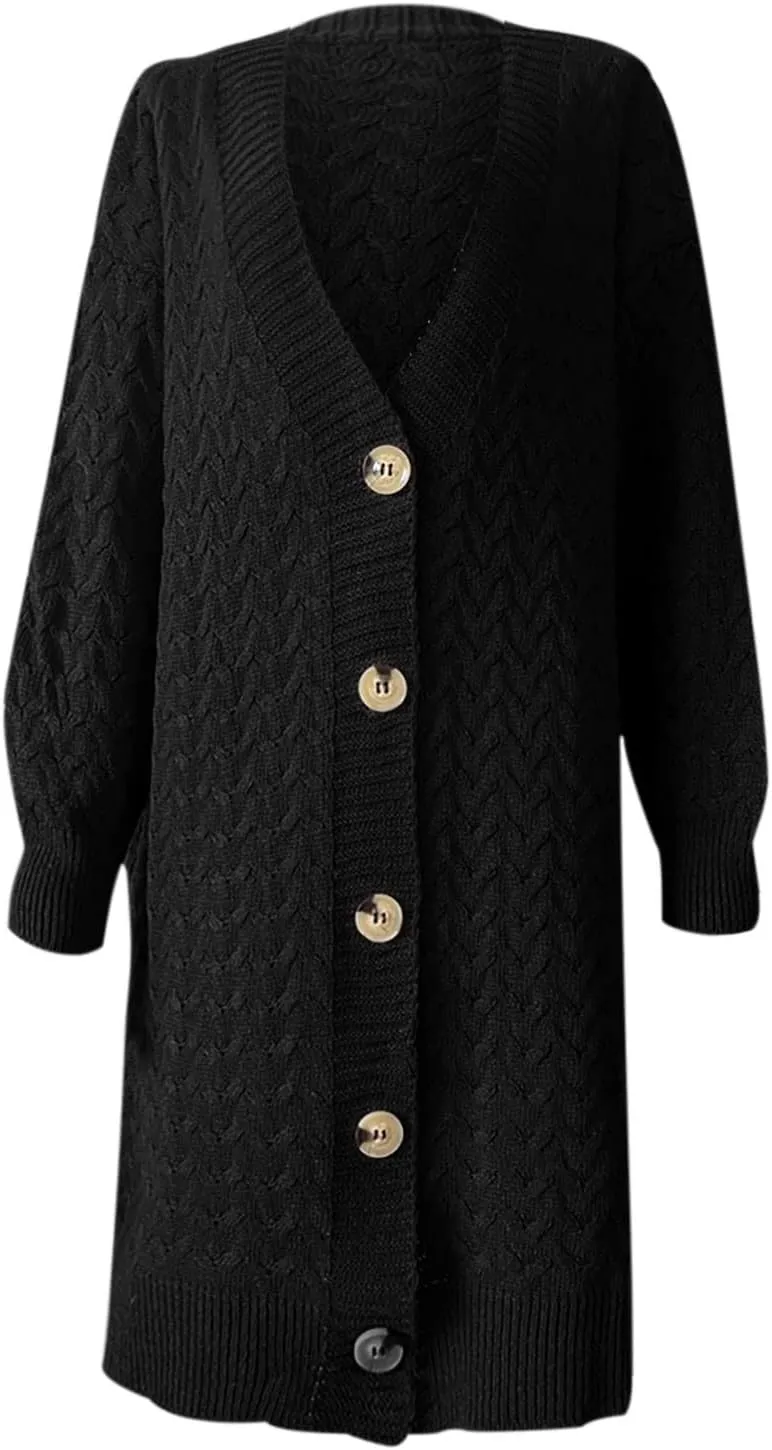Women's Long Cardigan Coats Cable Knit Casual Open Front Long Sleeve Sweater 2024 Fall Winter Chunky Button Sweaters