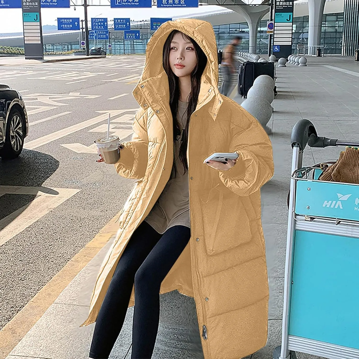 Womens Long Hooded Down Jacket Thicken Heavyweight Windproof Thermal Puffer Coats Winter Long Sleeve Casual Overcoat