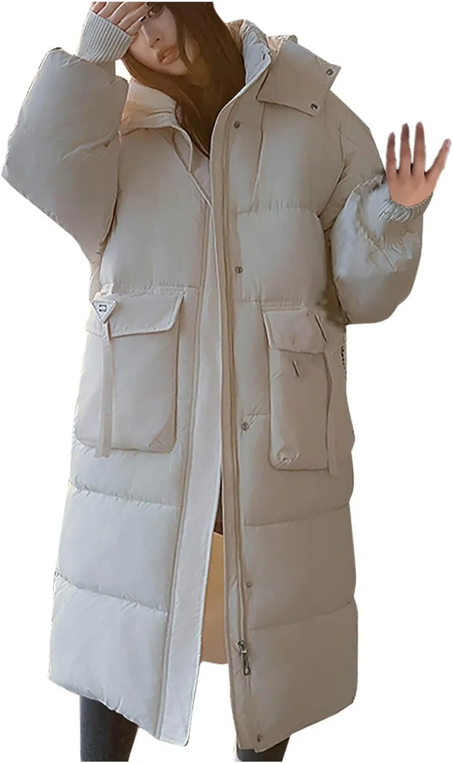 Womens Long Hooded Down Jacket Thicken Heavyweight Windproof Thermal Puffer Coats Winter Long Sleeve Casual Overcoat