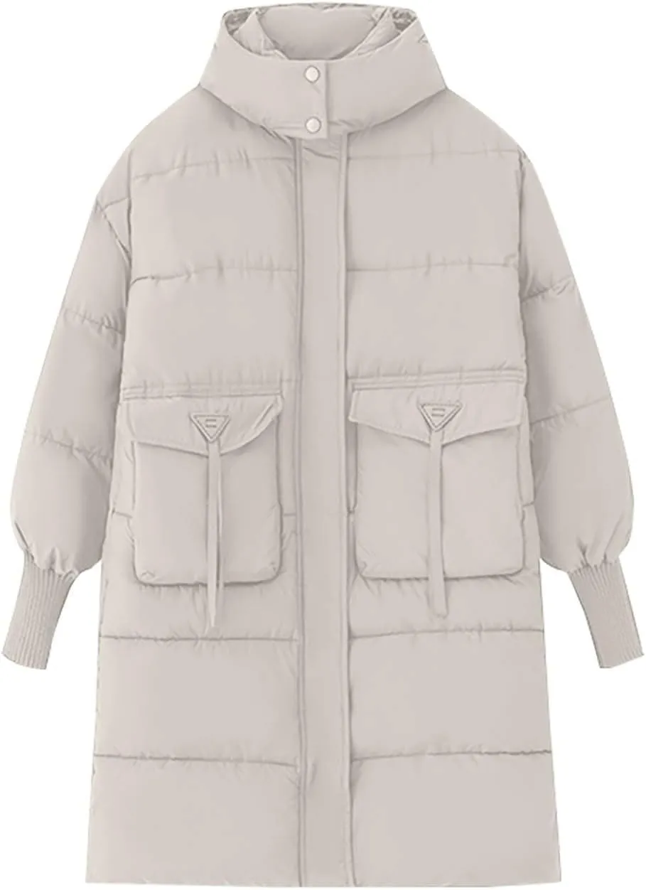 Womens Long Hooded Down Jacket Thicken Heavyweight Windproof Thermal Puffer Coats Winter Long Sleeve Casual Overcoat