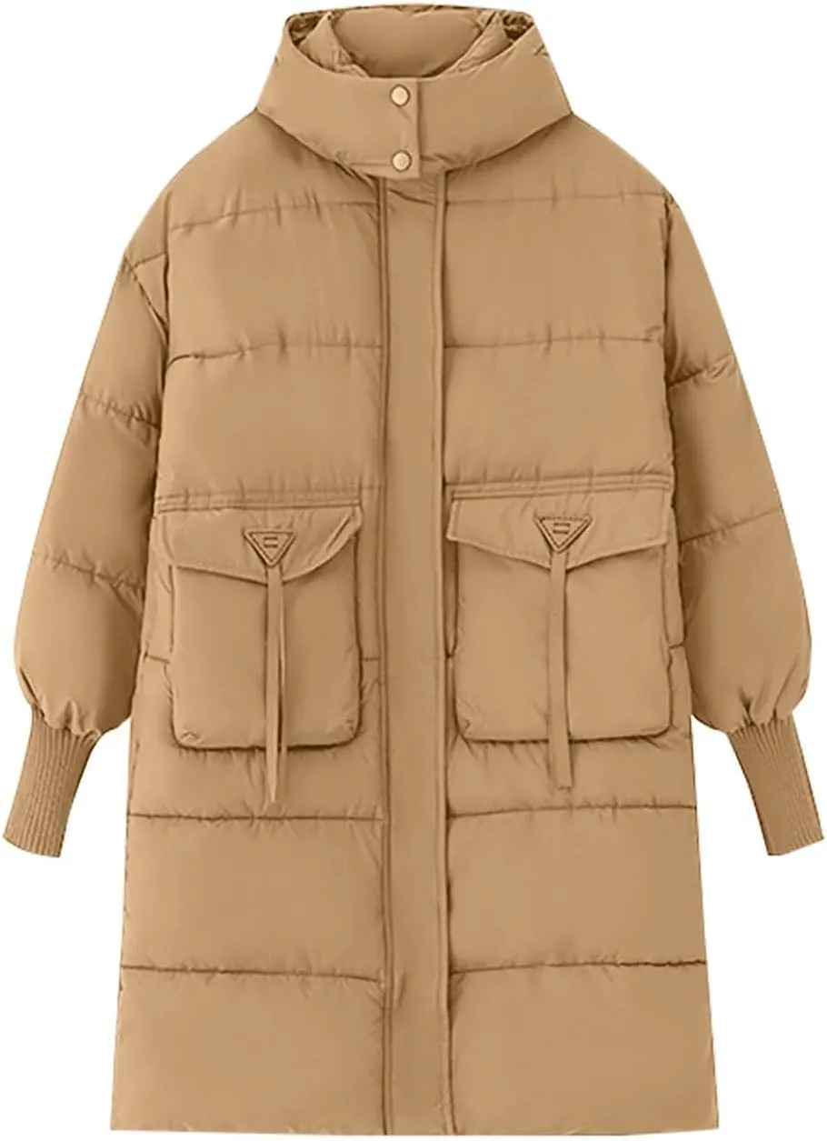 Womens Long Hooded Down Jacket Thicken Heavyweight Windproof Thermal Puffer Coats Winter Long Sleeve Casual Overcoat