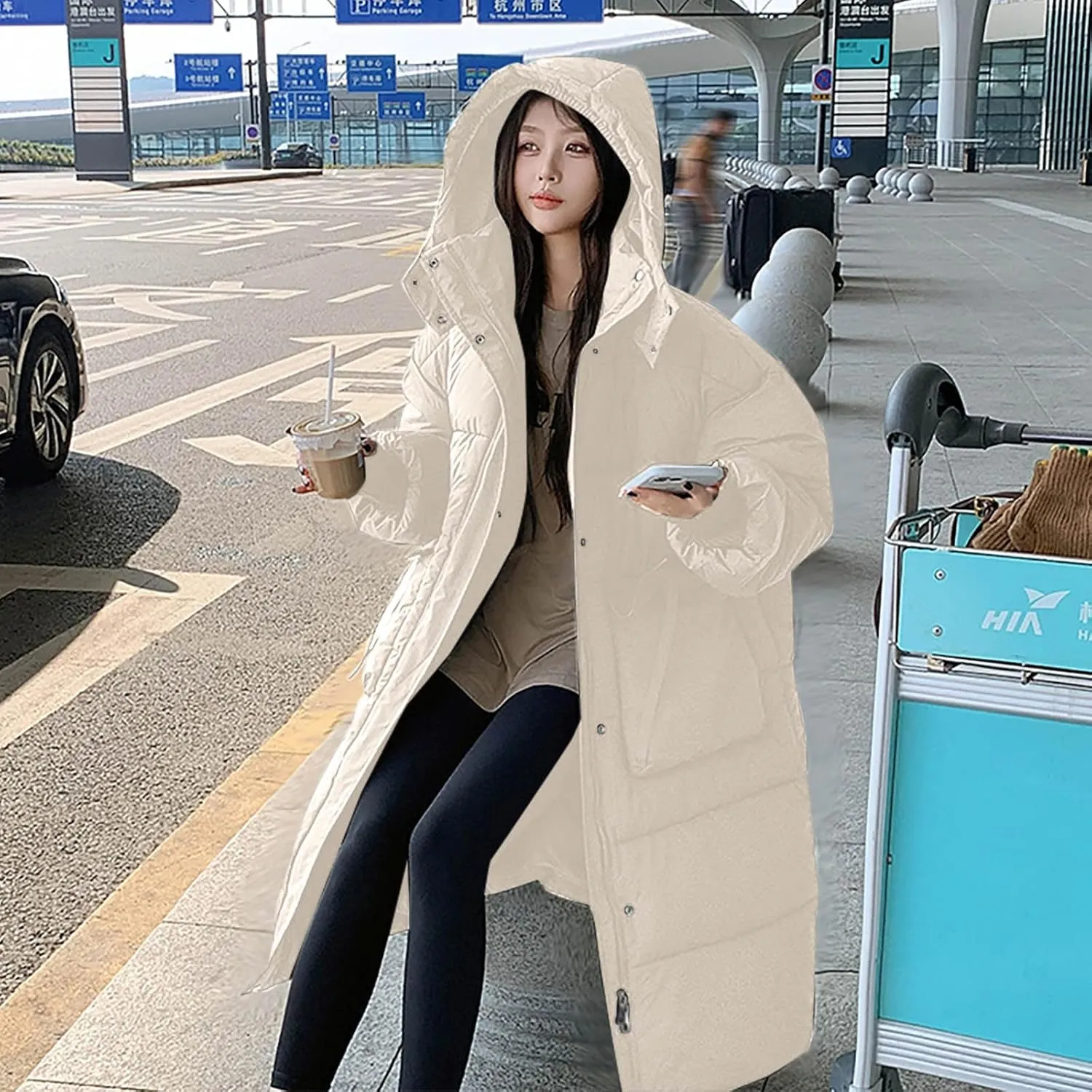 Womens Long Hooded Down Jacket Thicken Heavyweight Windproof Thermal Puffer Coats Winter Long Sleeve Casual Overcoat
