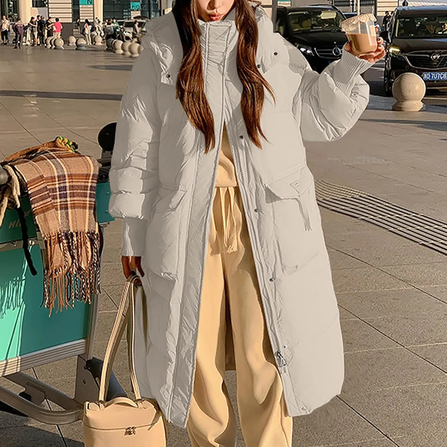 Womens Long Hooded Down Jacket Thicken Heavyweight Windproof Thermal Puffer Coats Winter Long Sleeve Casual Overcoat