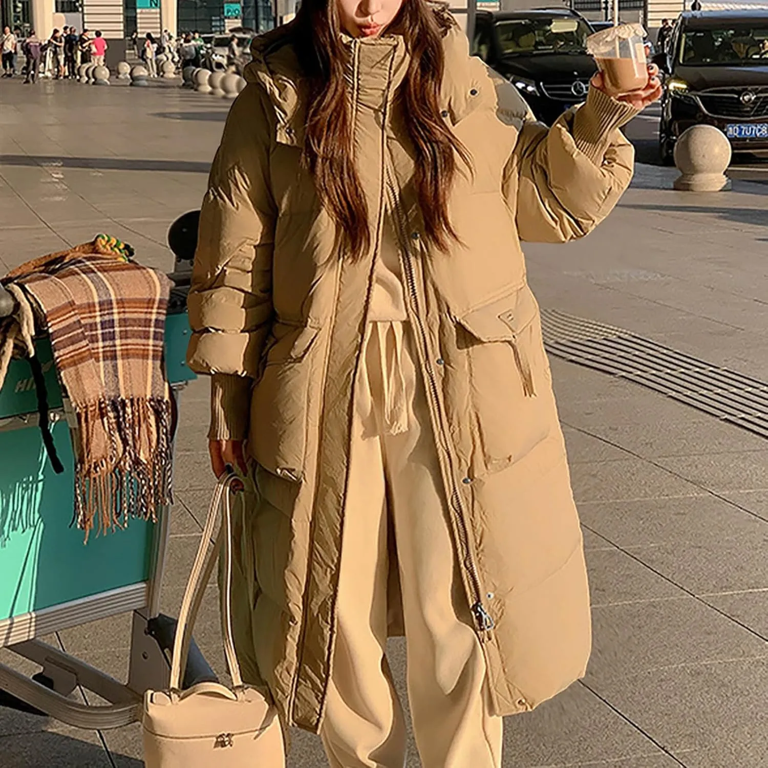 Womens Long Hooded Down Jacket Thicken Heavyweight Windproof Thermal Puffer Coats Winter Long Sleeve Casual Overcoat