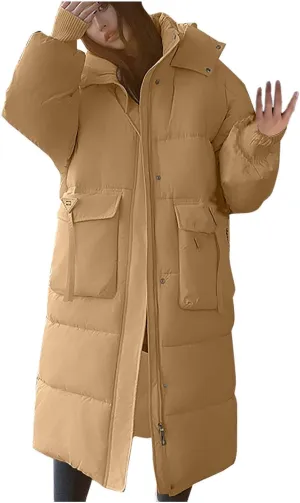 Womens Long Hooded Down Jacket Thicken Heavyweight Windproof Thermal Puffer Coats Winter Long Sleeve Casual Overcoat