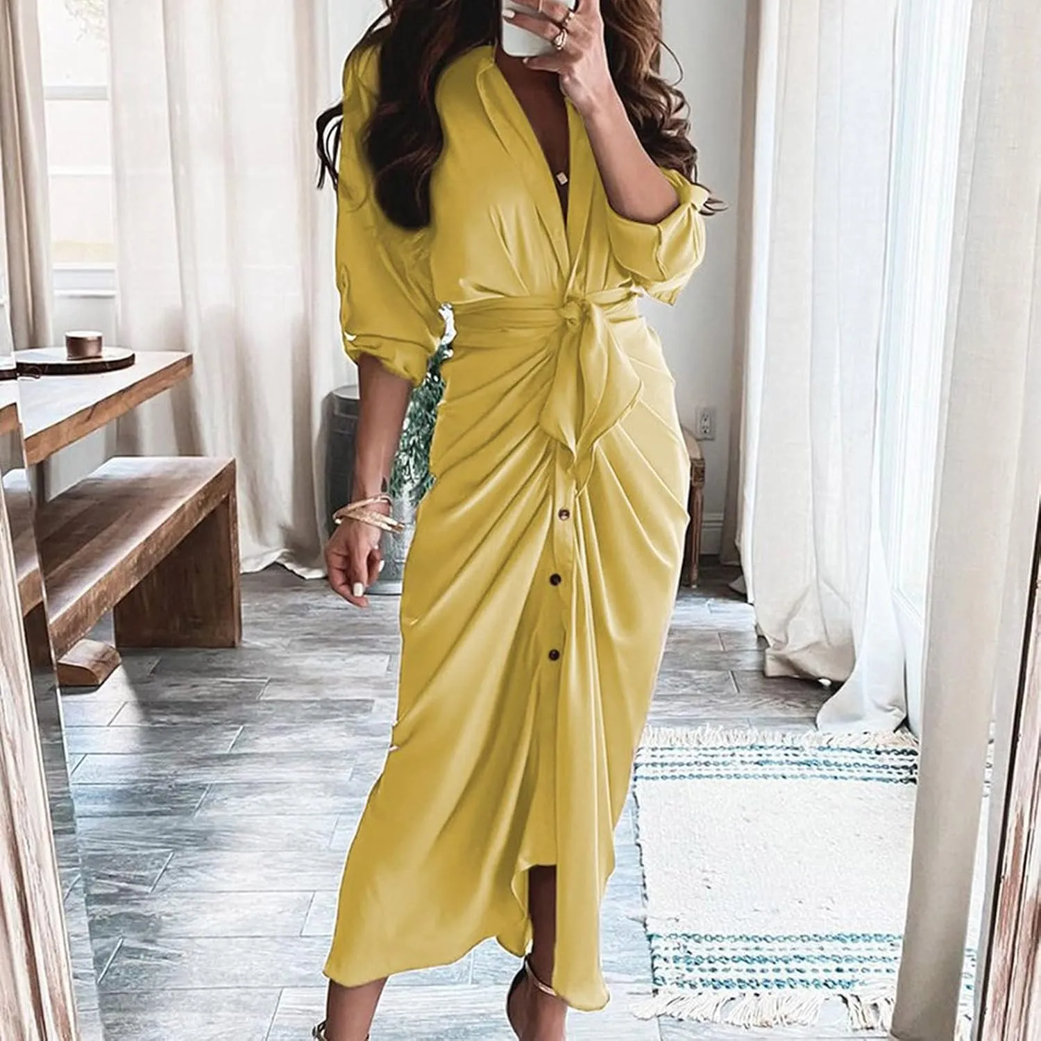 Women's Long Sleeve Button Down Ruched Maxi T-Shirts Dress Solid Plain Bodycon Long Tshirt Shirts Dresses with Belt