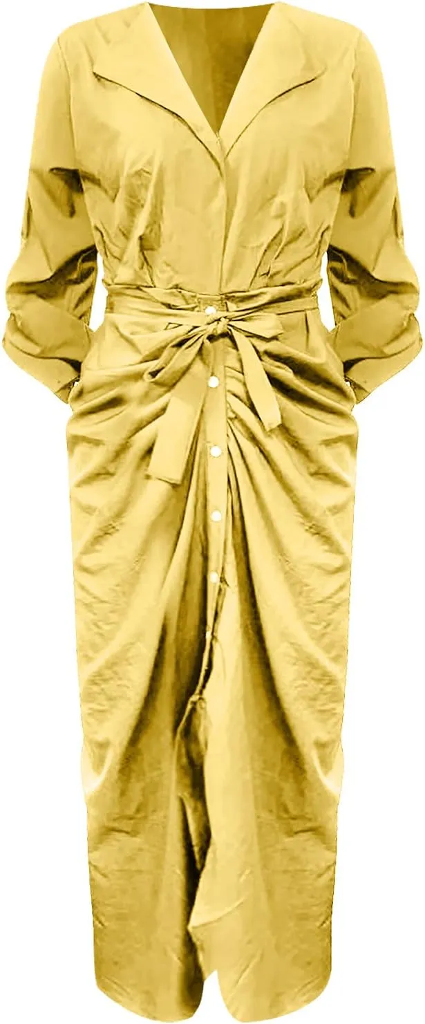 Women's Long Sleeve Button Down Ruched Maxi T-Shirts Dress Solid Plain Bodycon Long Tshirt Shirts Dresses with Belt