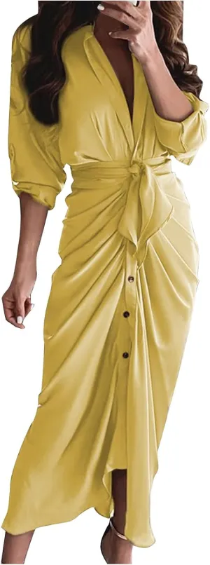 Women's Long Sleeve Button Down Ruched Maxi T-Shirts Dress Solid Plain Bodycon Long Tshirt Shirts Dresses with Belt