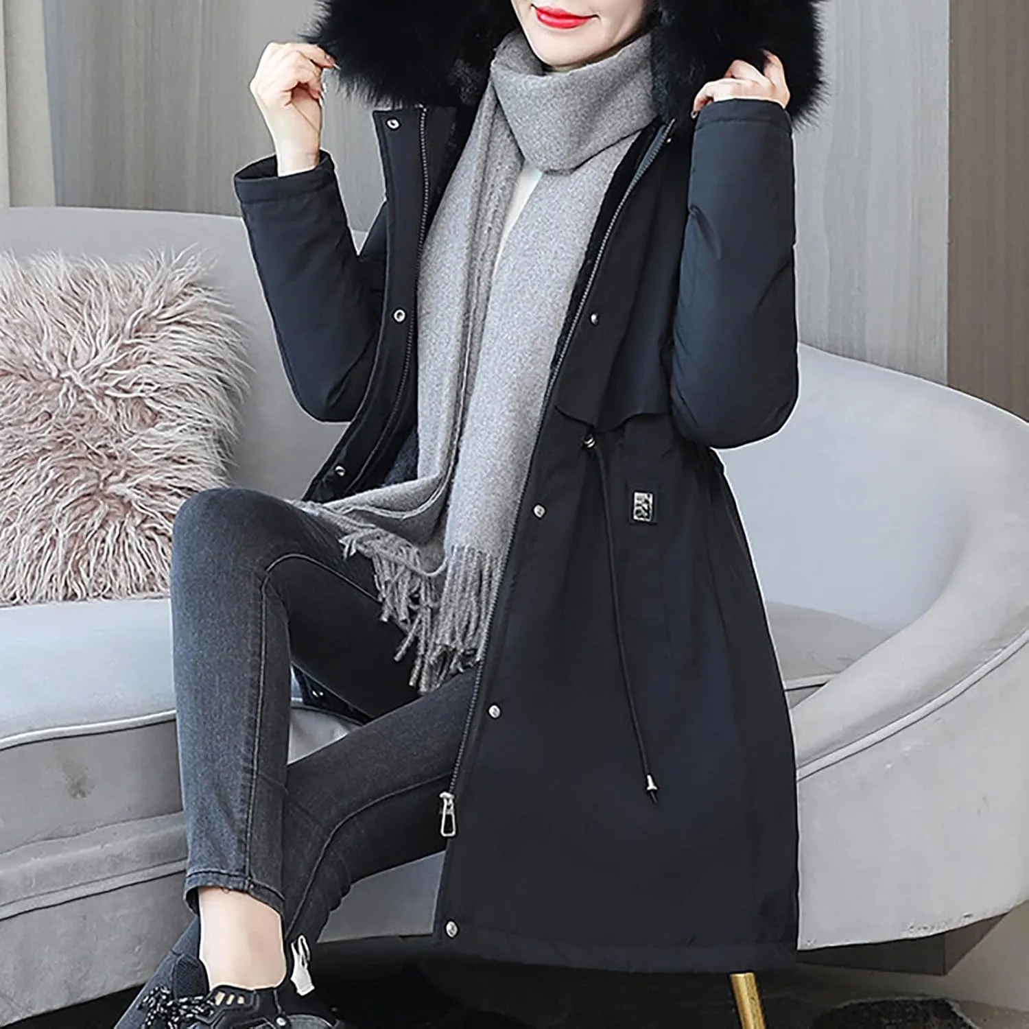 Women's Long Winter Quilted Puffer Coat Warm Maxi Down Jacket Faux Fur Fleece Hood Parka Outerwear with Hooded