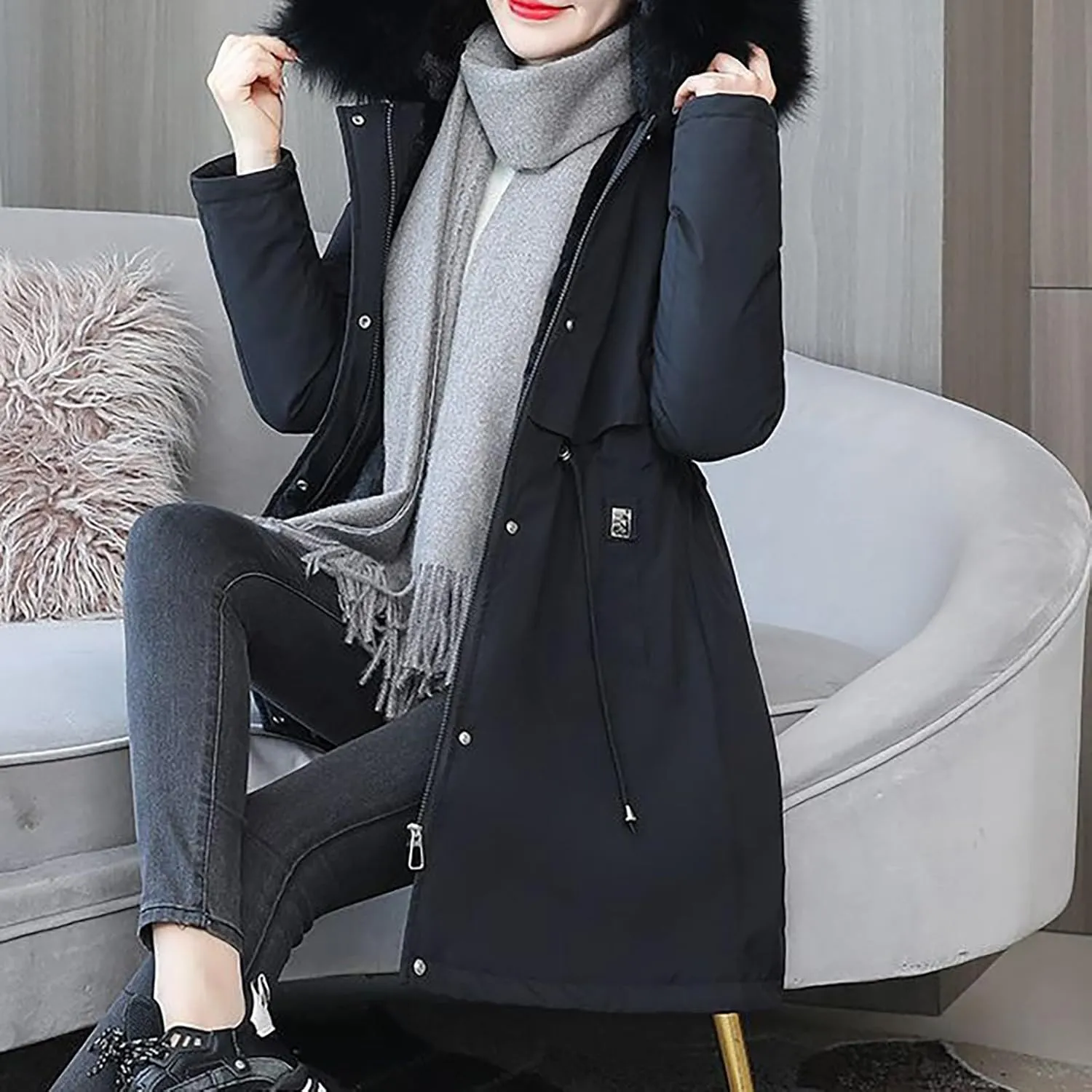 Women's Long Winter Quilted Puffer Coat Warm Maxi Down Jacket Faux Fur Fleece Hood Parka Outerwear with Hooded