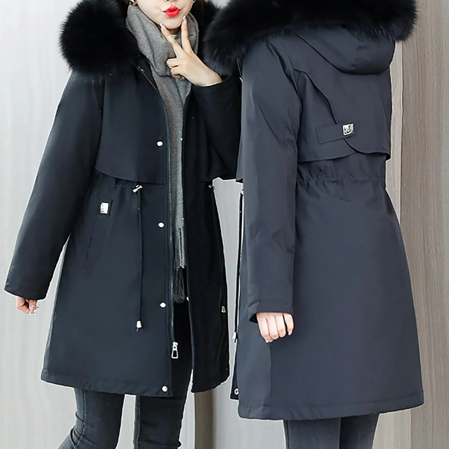 Women's Long Winter Quilted Puffer Coat Warm Maxi Down Jacket Faux Fur Fleece Hood Parka Outerwear with Hooded