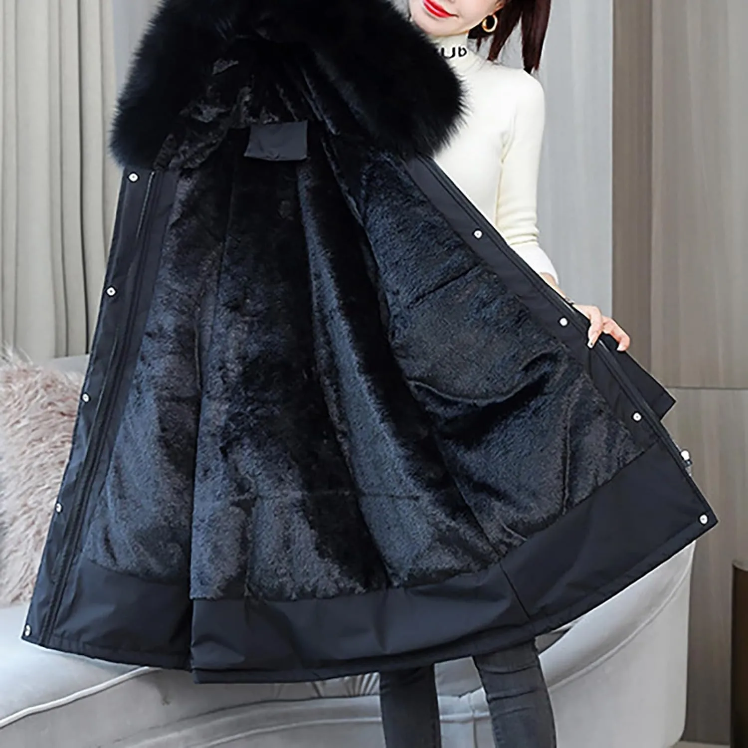 Women's Long Winter Quilted Puffer Coat Warm Maxi Down Jacket Faux Fur Fleece Hood Parka Outerwear with Hooded
