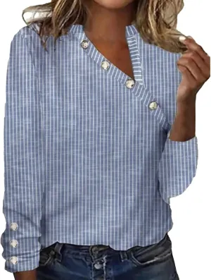 Women's Loose Fit Striped Cotton T-shirts Fall V Neck Long Sleeve Button Down Tops Trendy Basic Office Work Shirts