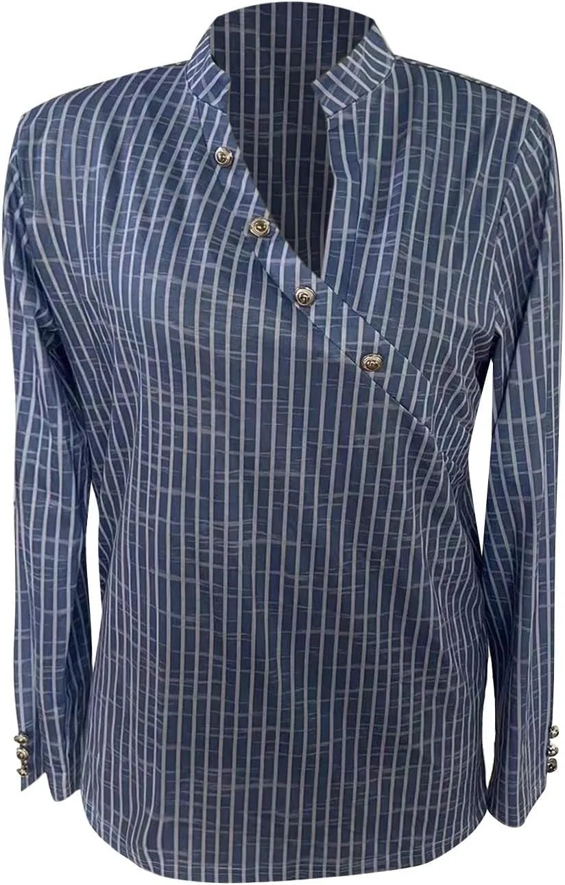 Women's Loose Fit Striped Cotton T-shirts Fall V Neck Long Sleeve Button Down Tops Trendy Basic Office Work Shirts