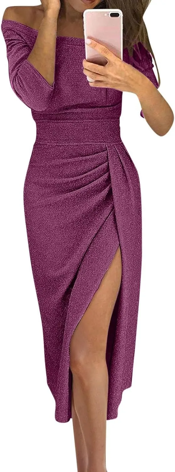 Women's Maxi Dresses 2025 Sexy Elegant Trendy Cold Shoulder Sequins Split Slim Bodycon Prom Cocktail