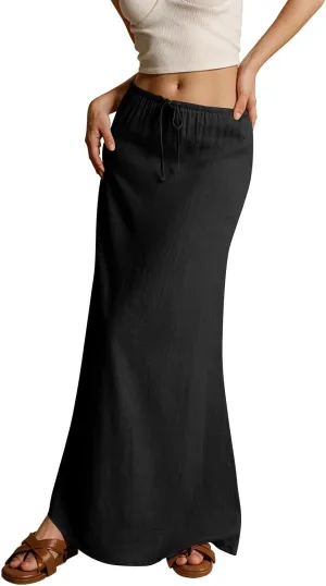 Womens Maxi Skirt Drawstring Waist Boho Long Slim Low Rise Cotton Linen A Line Cute Beach Vacation Flowy Skirt