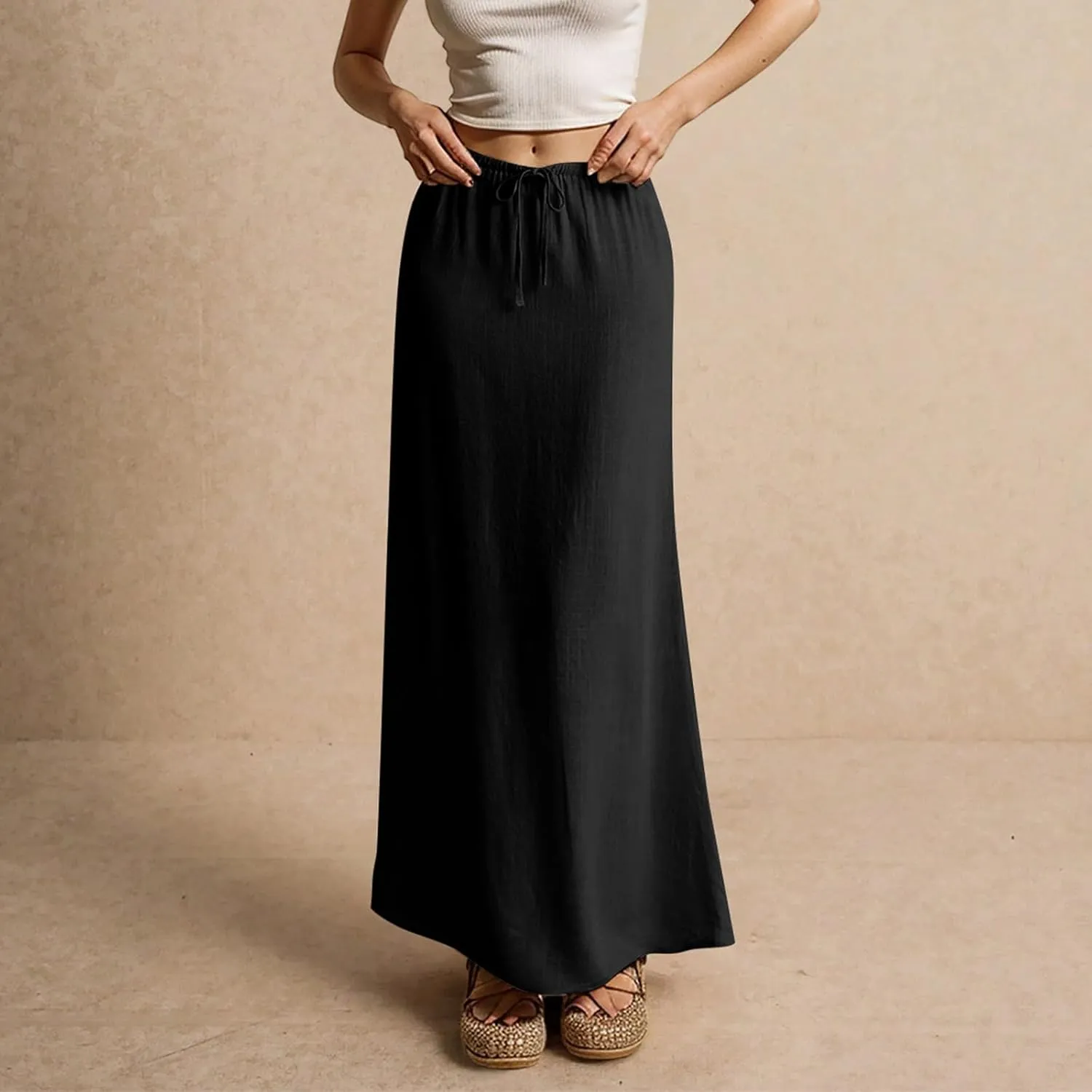Womens Maxi Skirt Drawstring Waist Boho Long Slim Low Rise Cotton Linen A Line Cute Beach Vacation Flowy Skirt