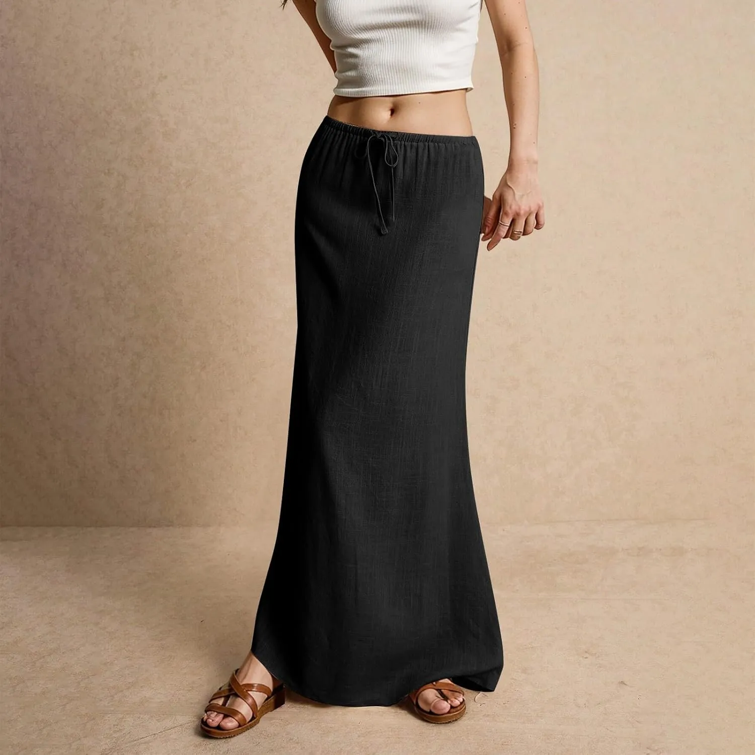 Womens Maxi Skirt Drawstring Waist Boho Long Slim Low Rise Cotton Linen A Line Cute Beach Vacation Flowy Skirt