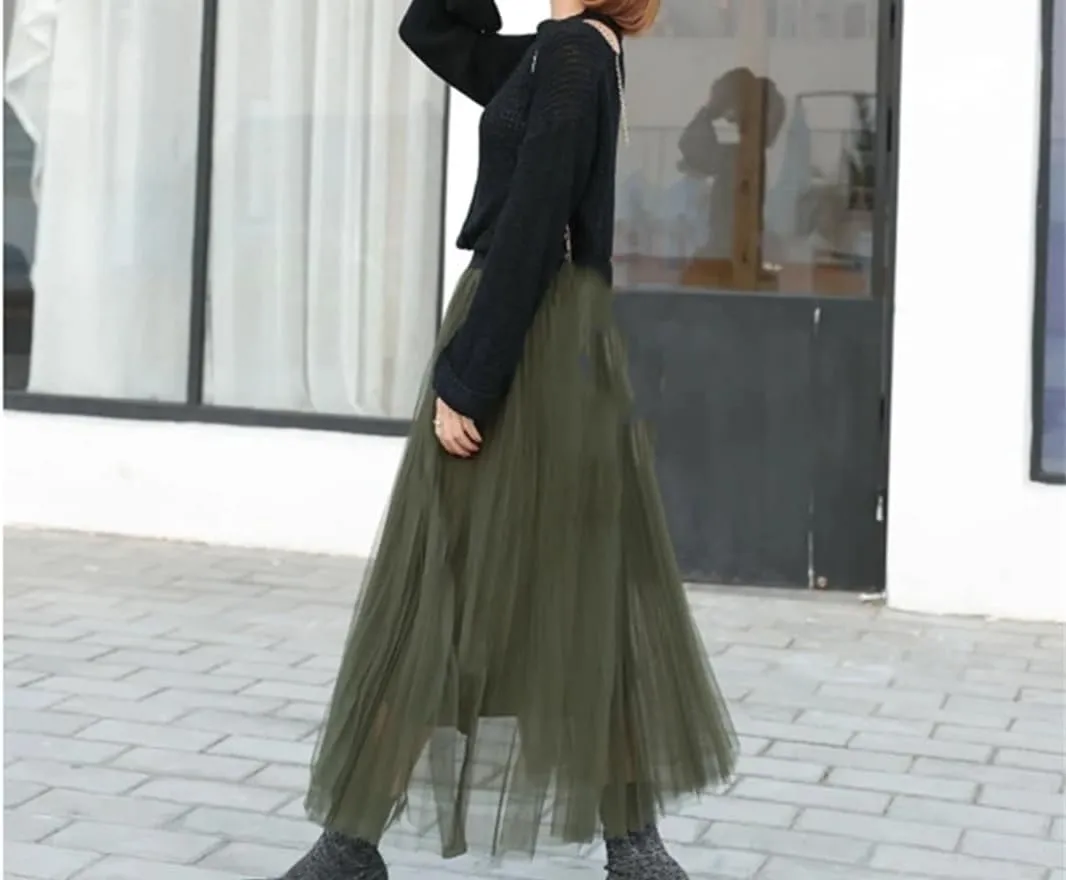 Womens Maxi Skirt Korean Fashion Long Skirts Pleated Tulle Skirts
