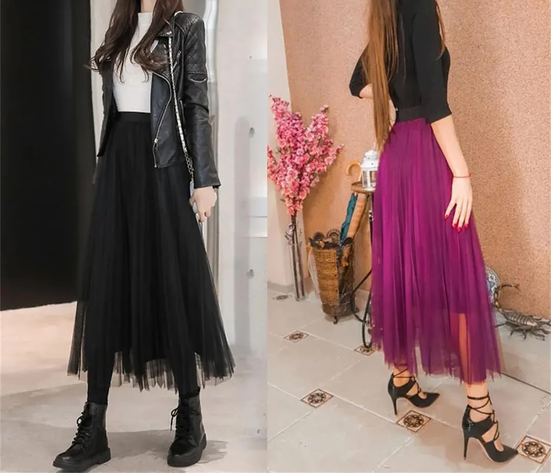 Womens Maxi Skirt Korean Fashion Long Skirts Pleated Tulle Skirts