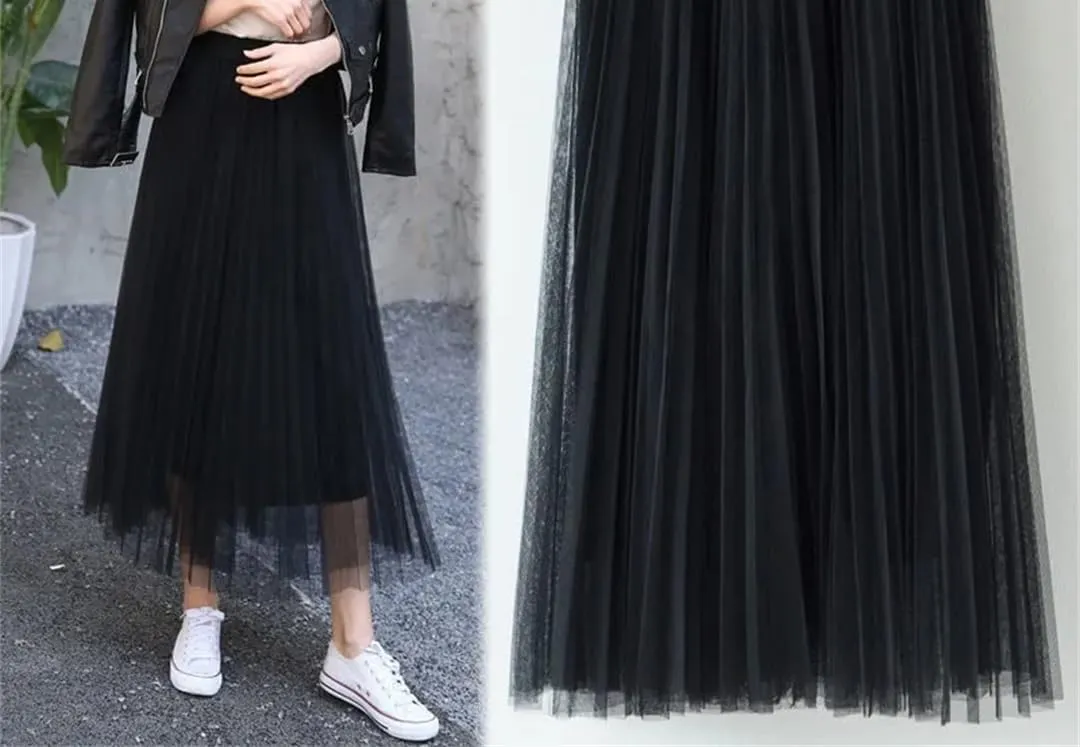Womens Maxi Skirt Korean Fashion Long Skirts Pleated Tulle Skirts