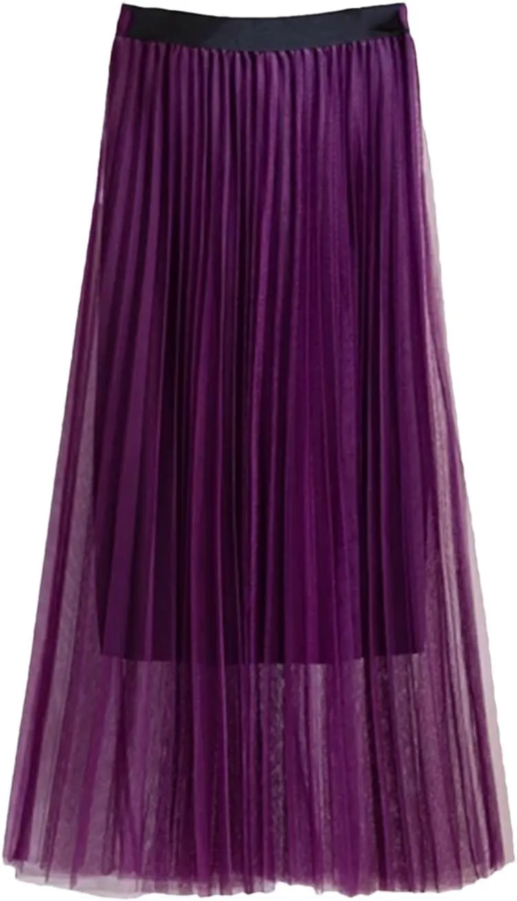 Womens Maxi Skirt Korean Fashion Long Skirts Pleated Tulle Skirts