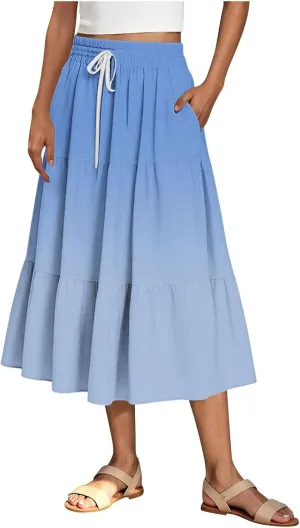 Women's Maxi Skirts Summer Flowy Swing Skirt Tiered A-Line Long Skirt Trendy Drawstring Pleated Beach Gradient Skirts