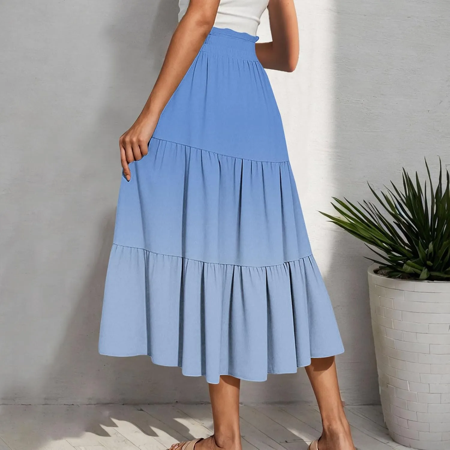 Women's Maxi Skirts Summer Flowy Swing Skirt Tiered A-Line Long Skirt Trendy Drawstring Pleated Beach Gradient Skirts
