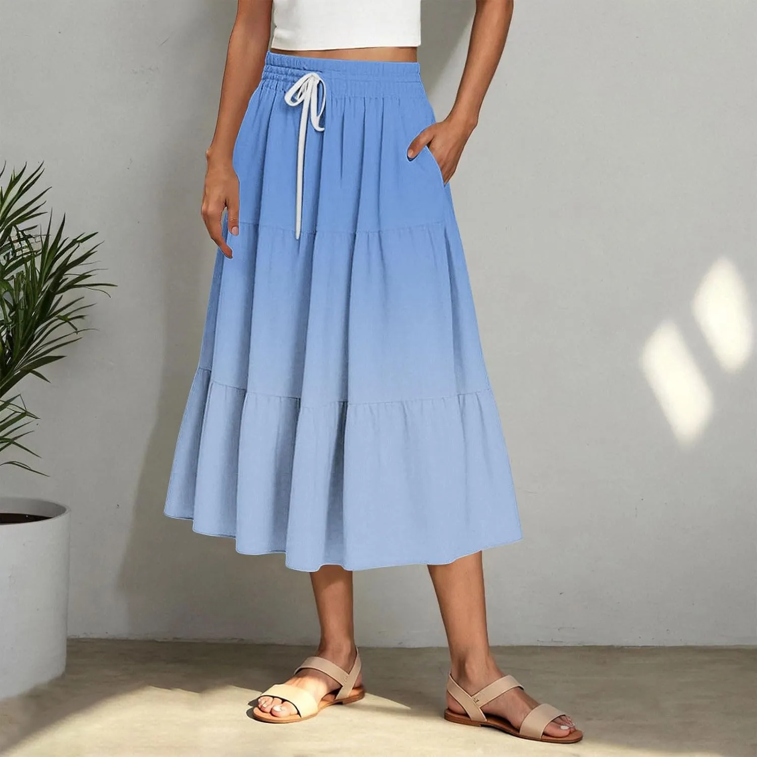 Women's Maxi Skirts Summer Flowy Swing Skirt Tiered A-Line Long Skirt Trendy Drawstring Pleated Beach Gradient Skirts
