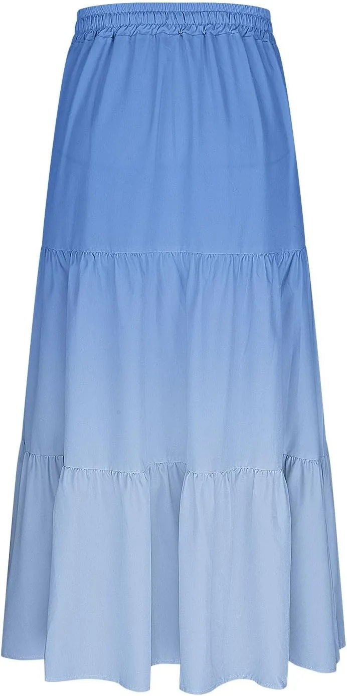 Women's Maxi Skirts Summer Flowy Swing Skirt Tiered A-Line Long Skirt Trendy Drawstring Pleated Beach Gradient Skirts