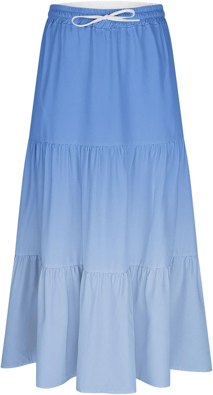 Women's Maxi Skirts Summer Flowy Swing Skirt Tiered A-Line Long Skirt Trendy Drawstring Pleated Beach Gradient Skirts