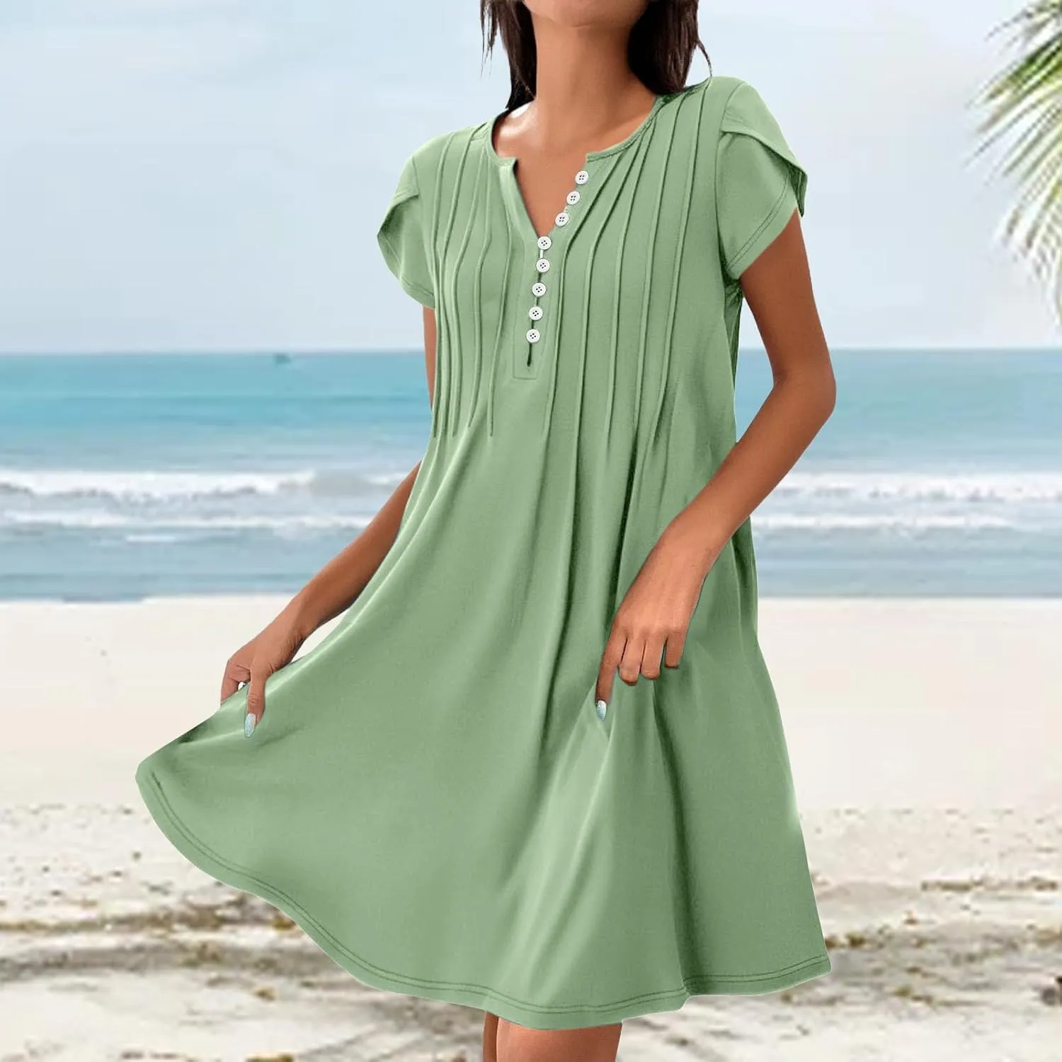 Womens Mini Dress Summer Bathing Suit Cover Up Dresses Business V Neck Button Down Sleeveless Boho Floral Sundress