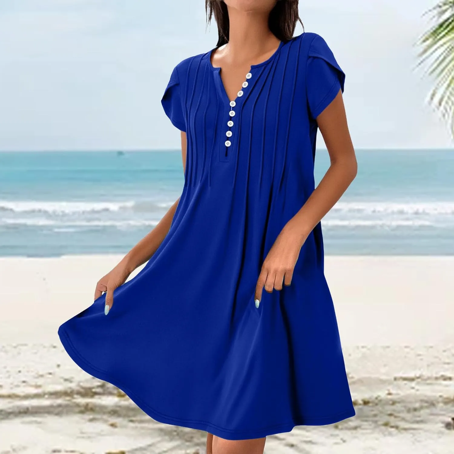 Womens Mini Dress Summer Bathing Suit Cover Up Dresses Business V Neck Button Down Sleeveless Boho Floral Sundress