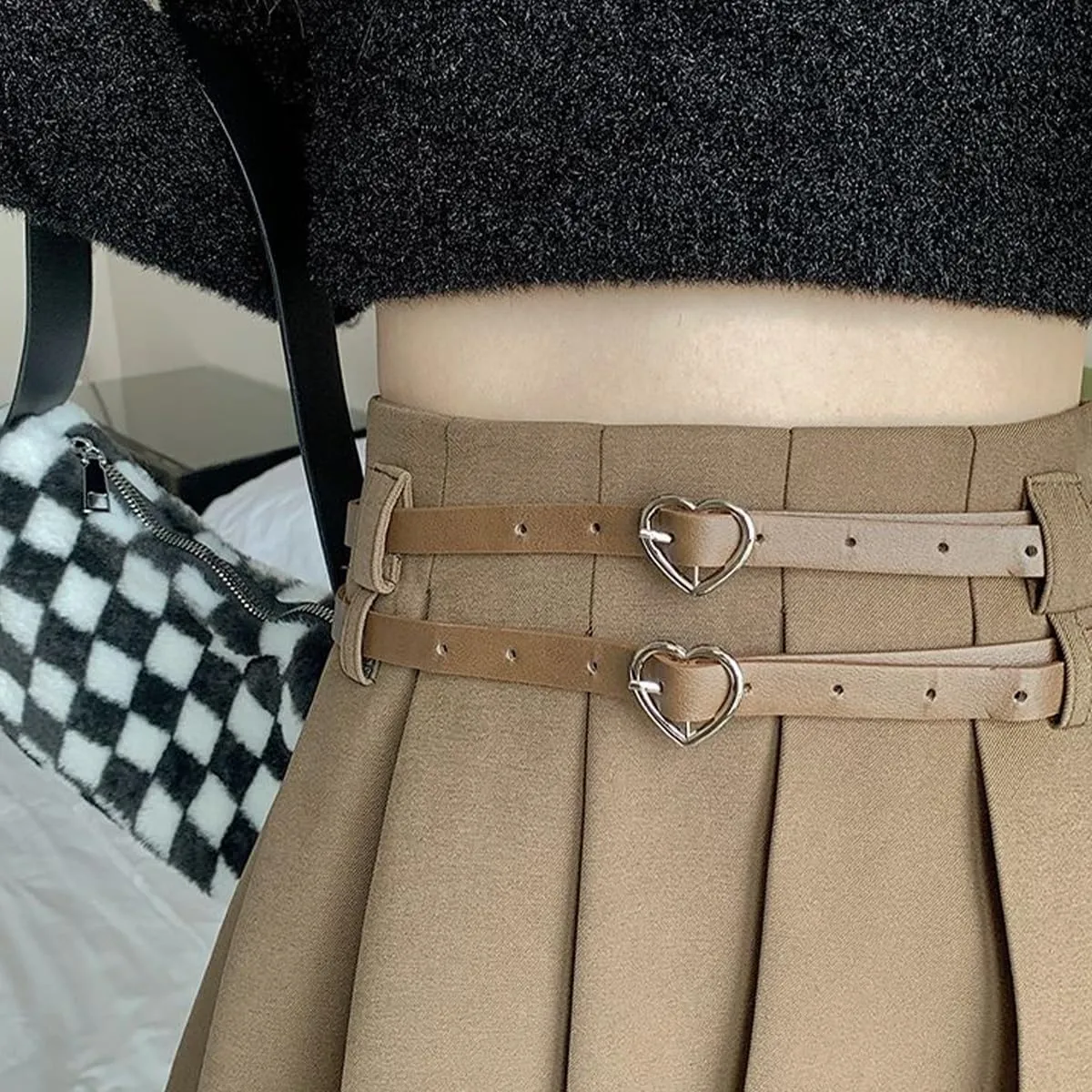 Women's Mini Skirts Casual A Line High Waist Pleated Skirts Cute Heart Double Belt Fashion Skirts for Women