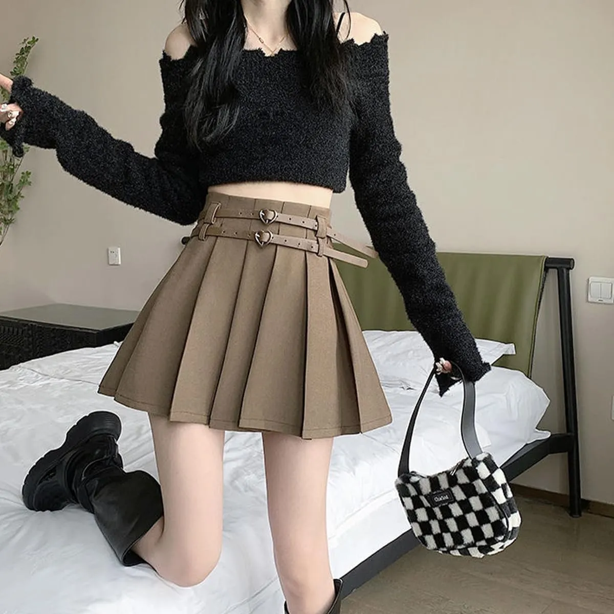 Women's Mini Skirts Casual A Line High Waist Pleated Skirts Cute Heart Double Belt Fashion Skirts for Women