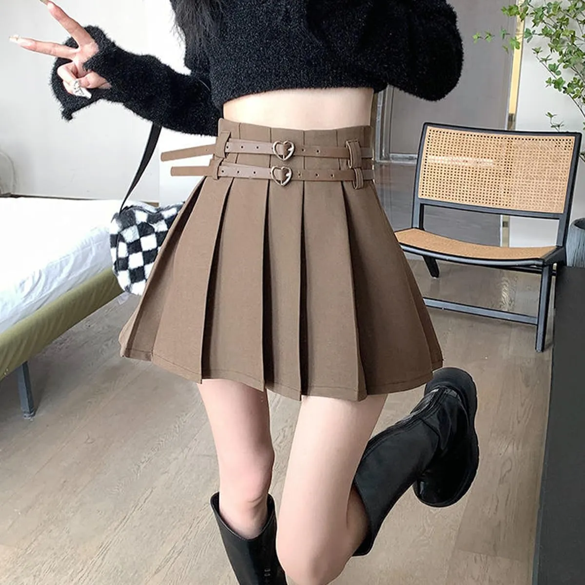 Women's Mini Skirts Casual A Line High Waist Pleated Skirts Cute Heart Double Belt Fashion Skirts for Women