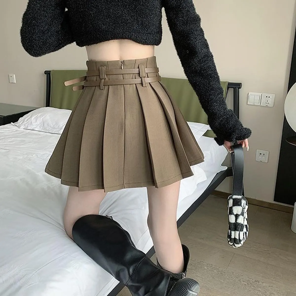 Women's Mini Skirts Casual A Line High Waist Pleated Skirts Cute Heart Double Belt Fashion Skirts for Women
